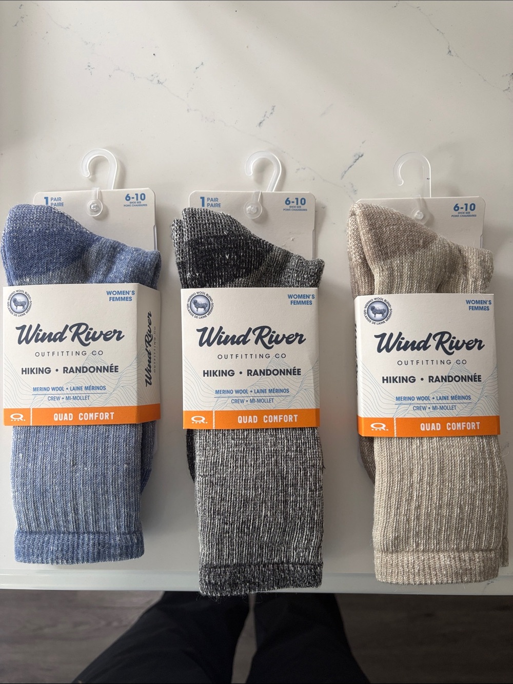 NWT WindRiver Women's Quad Comfort Crew Socks - Blue, Gray, Beige (3-Pack)